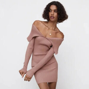 Zara Ribbed Knit Off Shoulder Long Sleeve Mini Dress NWT Mauve  Size Small